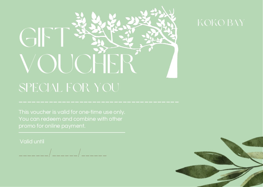 Gift voucher with tree design and Koko Bay branding on a light green background