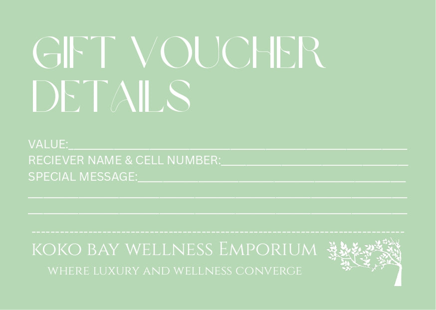 Gift voucher template for Koko Bay Wellness Emporium with fields for value, receiver name, cell number, and special message.