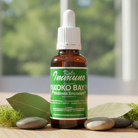 Bottle of 'Koko Bay' tincture on a wooden surface with a window in the background